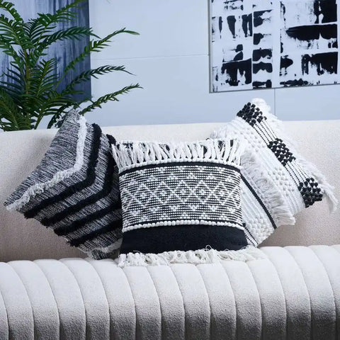 Black & White Boho Tufted Cushion Cover with Tassels