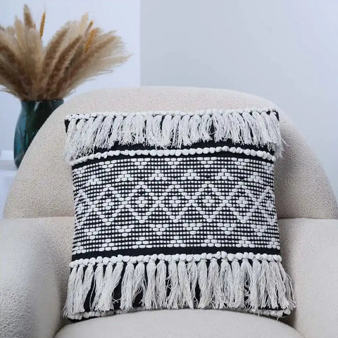 Black & White Boho Tufted Cushion Cover with Tassels