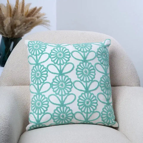 White & Teal Floral Embroidered Throw Pillow