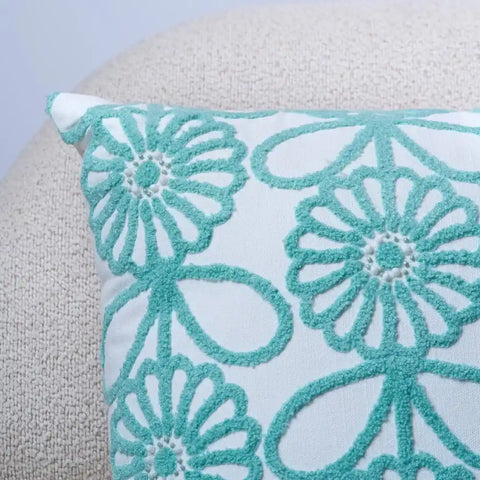White & Teal Floral Embroidered Throw Pillow