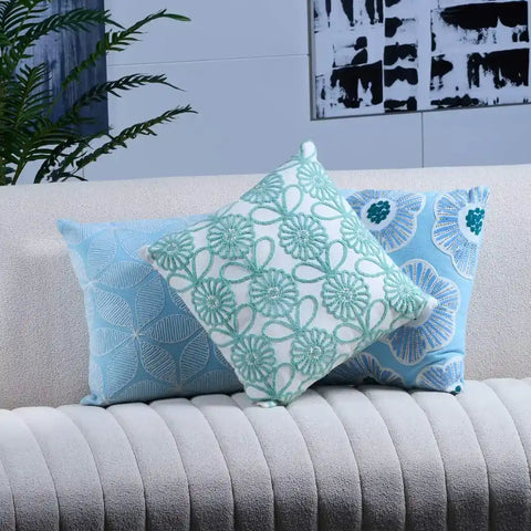 White & Teal Floral Embroidered Throw Pillow