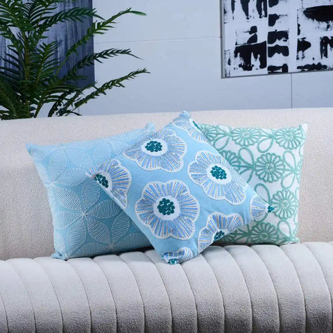 Embroidered Blue and White Pillow Cushion