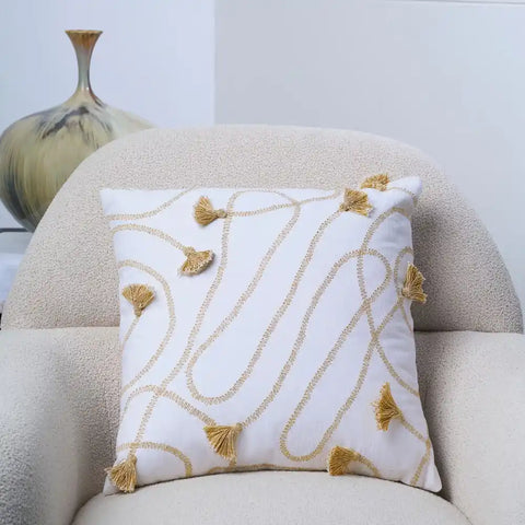 White and Gold Decorative Throw Pillow with Tassels