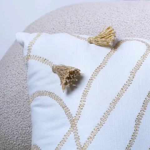 White and Gold Decorative Throw Pillow with Tassels
