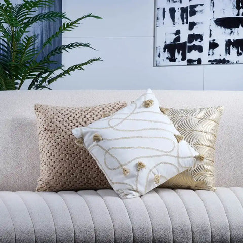 White and Gold Decorative Throw Pillow with Tassels