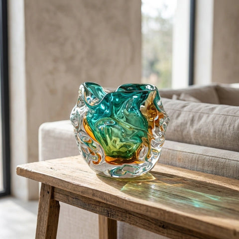Handcrafted Glass Vase – Medium | Ocean Green & Yellow