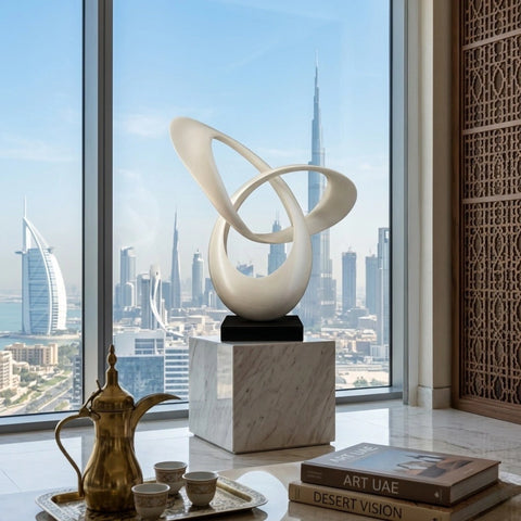Eternal Flow” – Line White Abstract Sculpture on Deep Black Base
