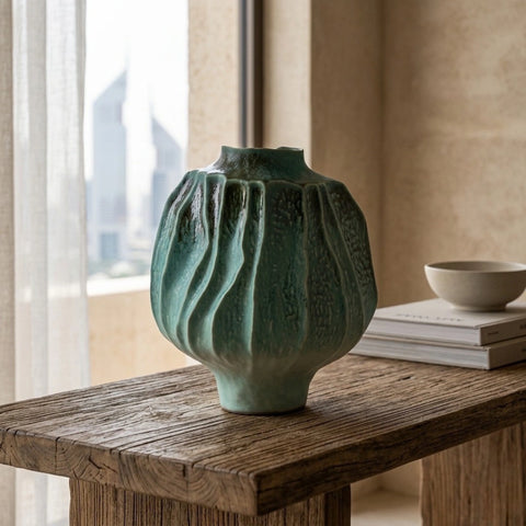Textured Stoneware Vase with Green & Teal Glaze