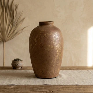 Brown Ceramic Floor Vase with Textured Golden Finish