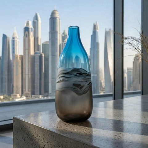 L’Oca Nera Low Glass Vase – Blue & Brown Wave Pattern