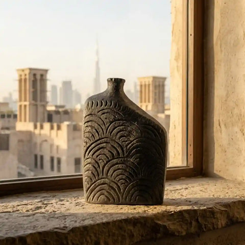 Modern Black Resin Decorative Vase with Scalloped Wave Pattern
