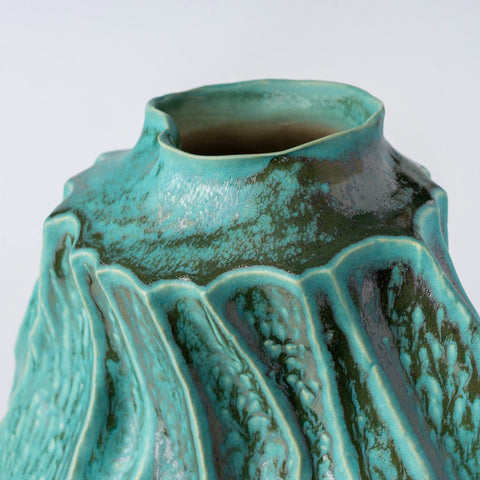Textured Stoneware Vase with Green & Teal Glaze