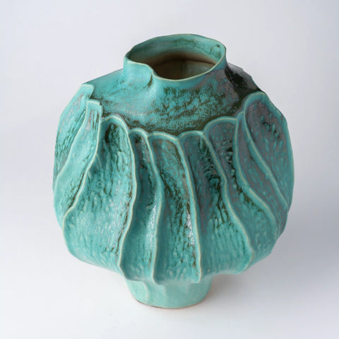 Textured Stoneware Vase with Green & Teal Glaze