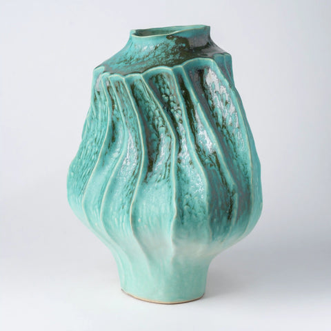 Textured Stoneware Vase with Green & Teal Glaze